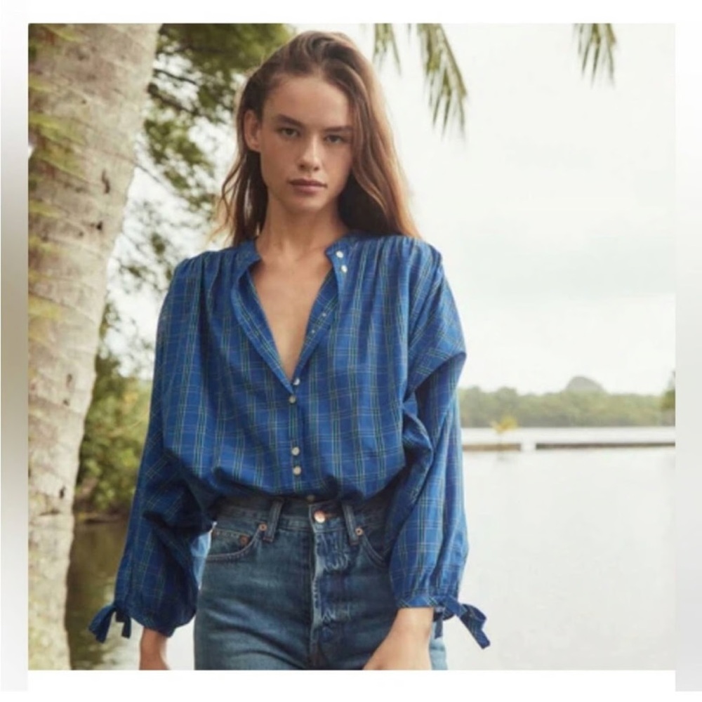 Doen O’Keefe Top in Park Lane Plaid Blue Check Blouse sz Small EUC